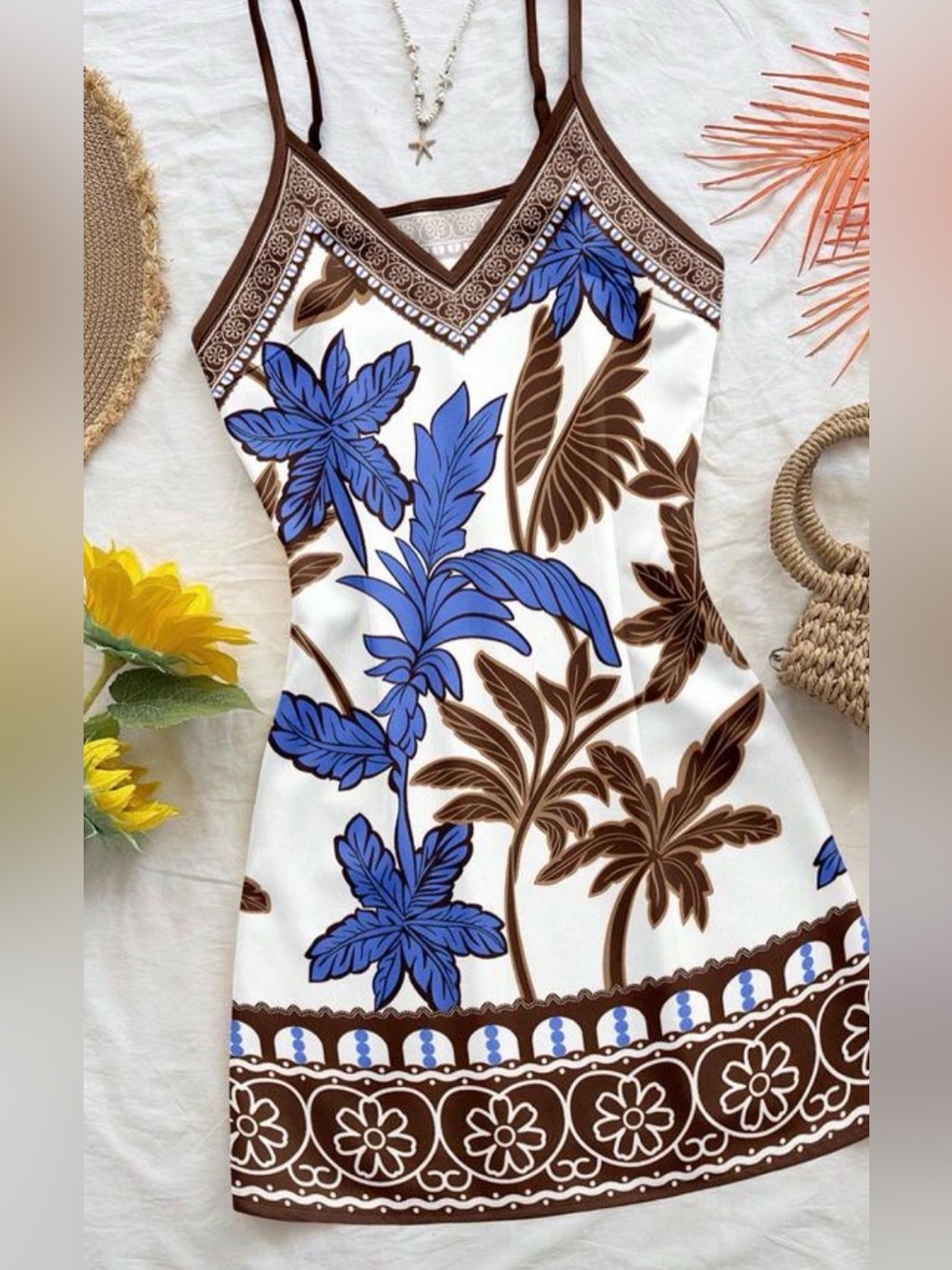 SHEIN Sleeveless Tropical Print Dress in Blue & Brown size L
